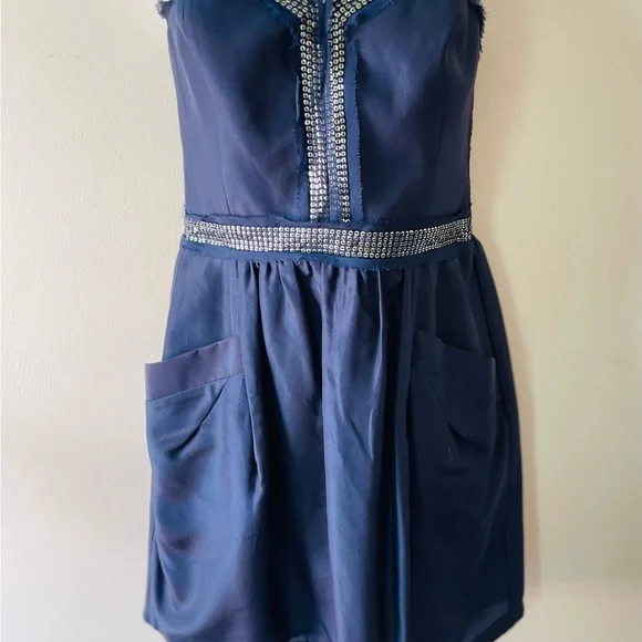 Rebecca Taylor Navy Blue Silk Strapless Cocktail Evening Dress - Sz 4 - Picture 8 of 10